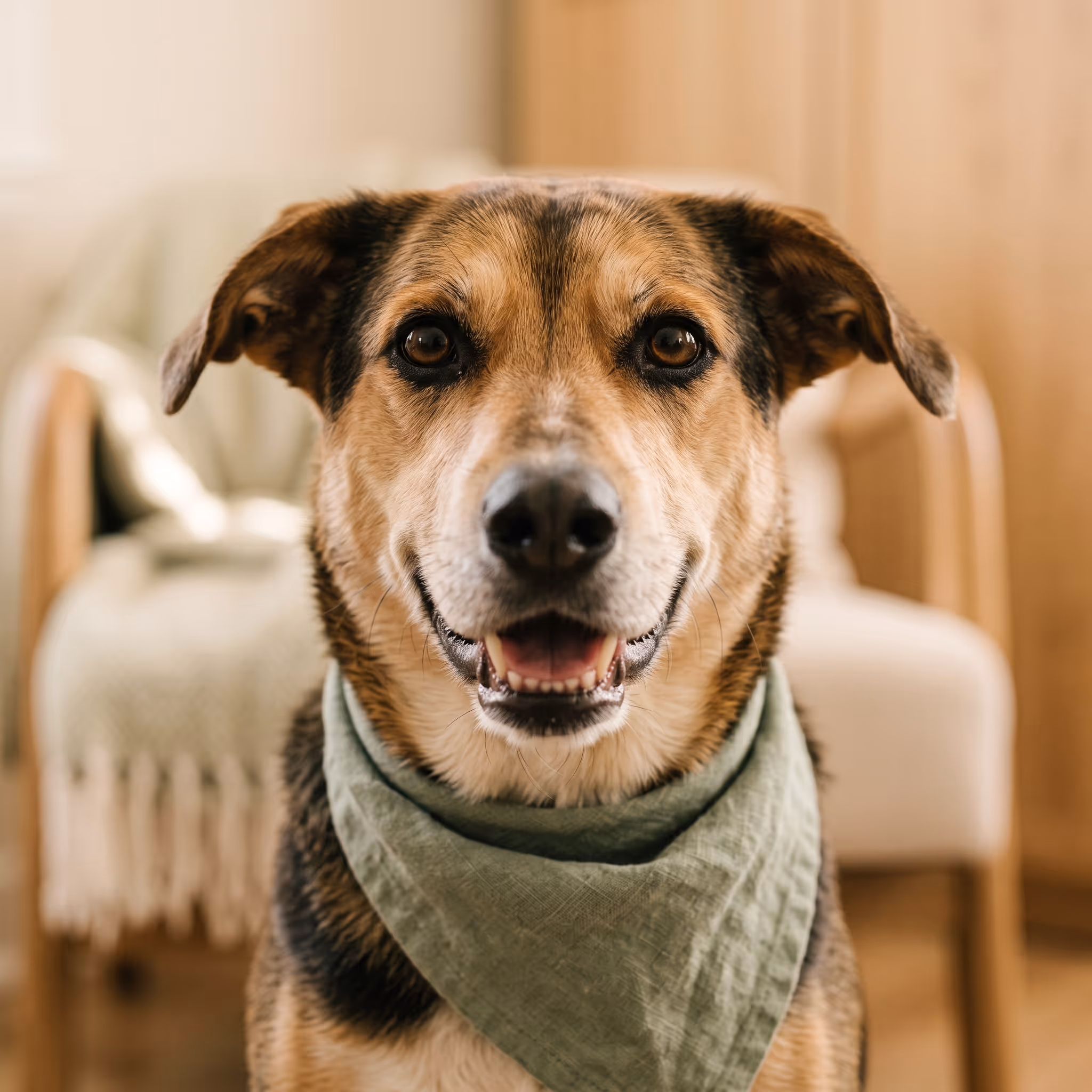Perro de apoyo emocional con bandana salvia